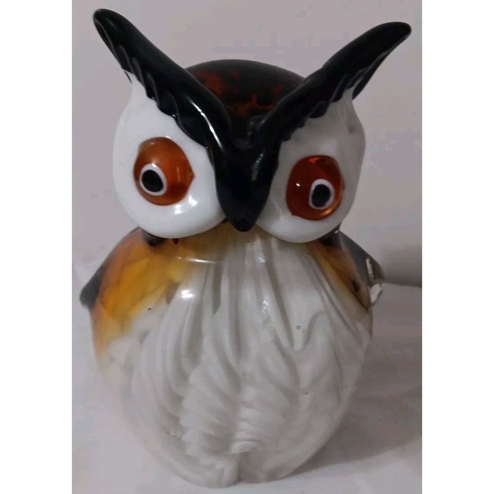Art Glass Owl Paperweight 5.5 Inches Hand Blown Black Brown White‎ READ